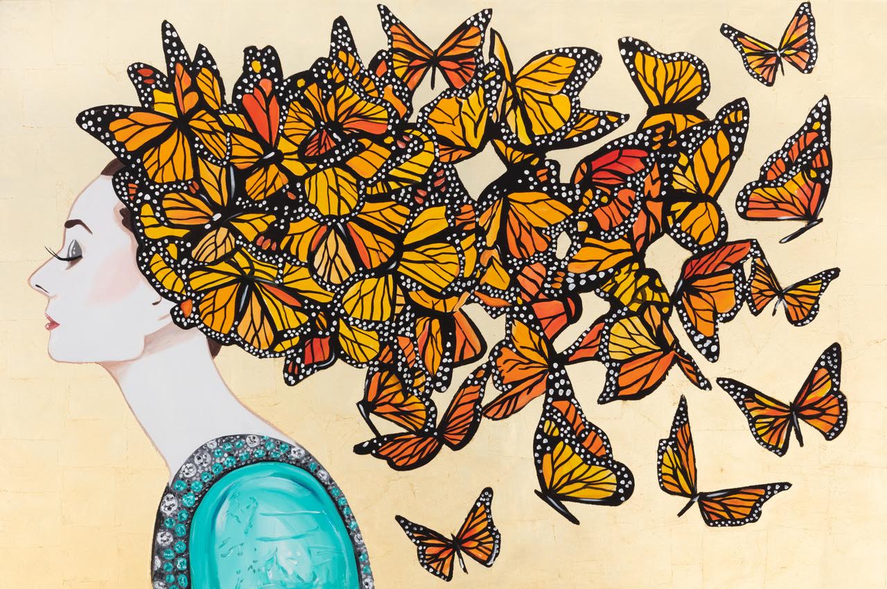 Audrey with Trailing Monarch Swarm on Gold Leaf