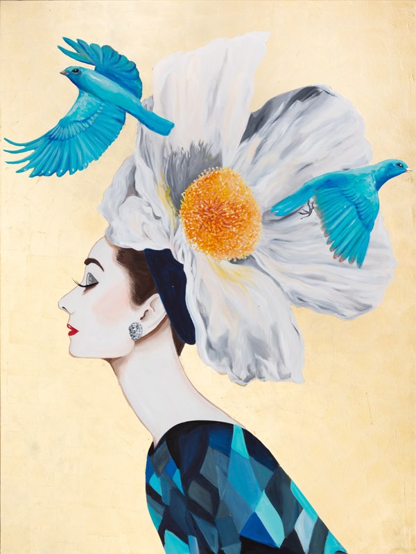 Audrey with Opium Poppy and Blue Birds