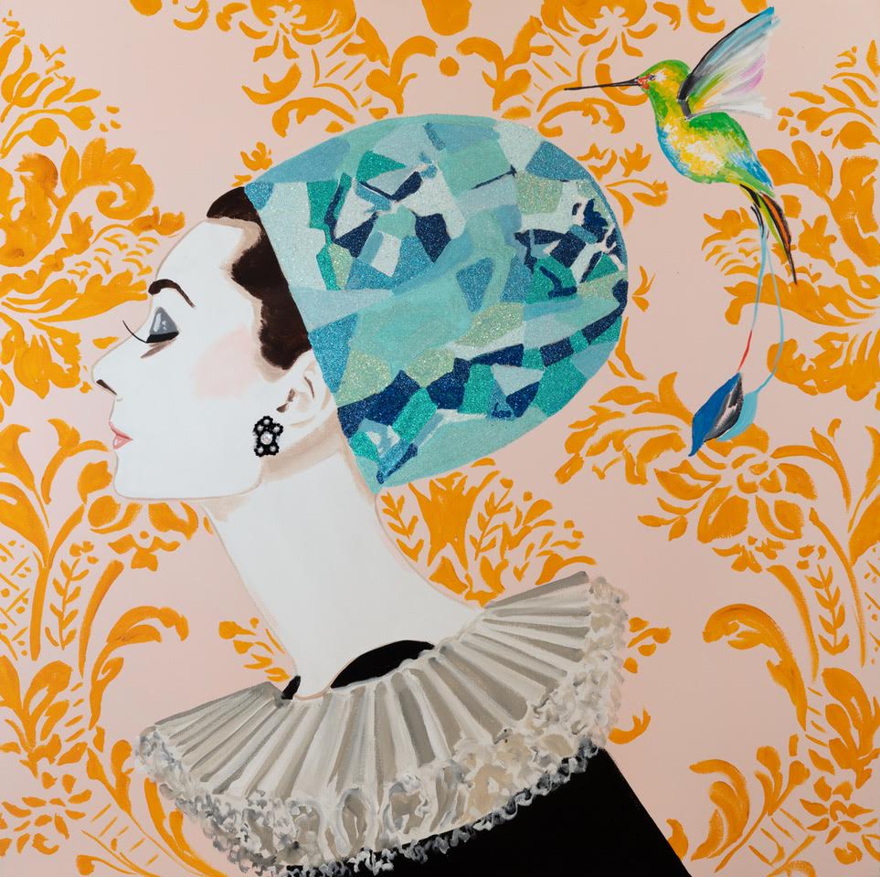 Audrey with Aquamarine Headdress and Long-tailed Hummingbird