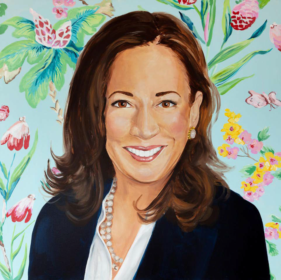 Vice President Kamala Harris wearing a navy blue blazer, white shirt, pearl necklace and earrings against a pale blue background with pink and yellow flowers. Painting by pop artist, Ashley Longshore, from her Roar Collection.