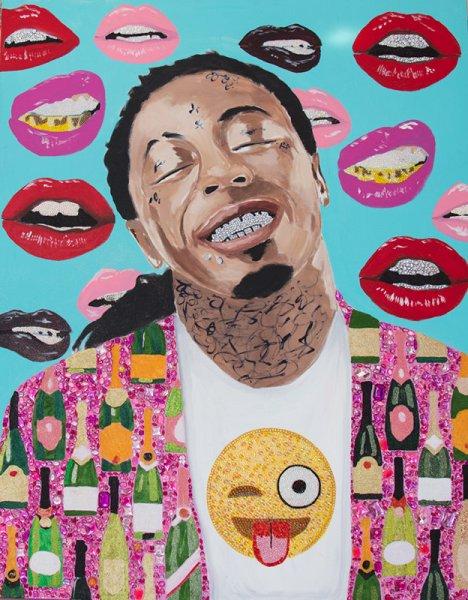 Lil Wayne with Champagne Jacket, Emoji Shirt, and Lips Background