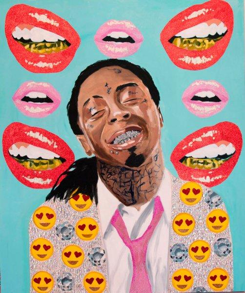 Lil Wayne with Diamonds and Emoji Jacket on Grills Background