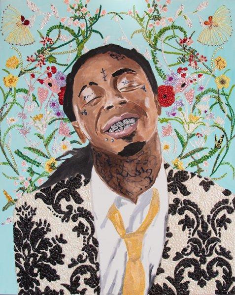 Lil Wayne with Floral Background and Damask Suit