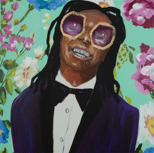 Lil Wayne in Purple Dinner Jacket with Floral Background