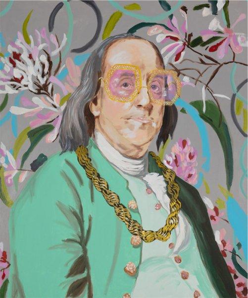 Benjamin Franklin with Donkey Rope and Gray Floral Background
